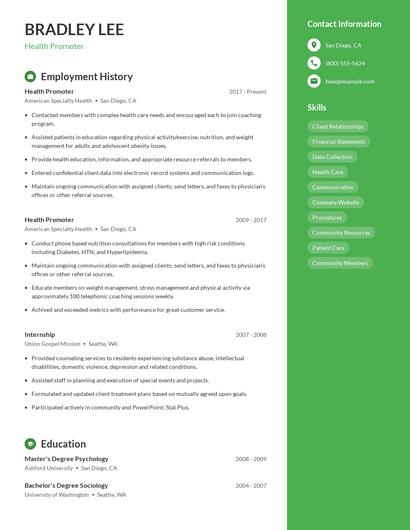 Health Promoter Resume