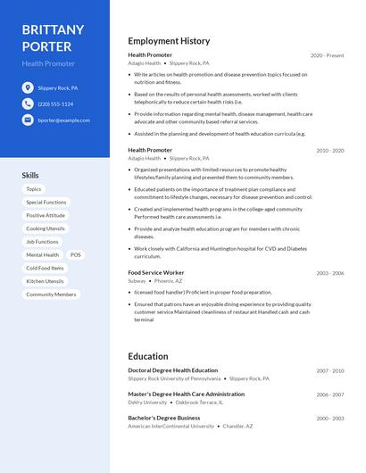 Health Promoter Resume