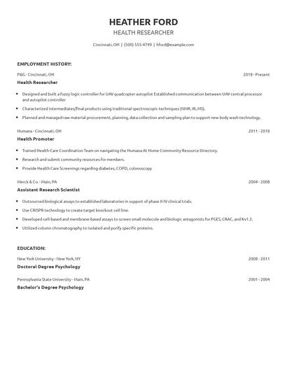 Health Researcher Resume