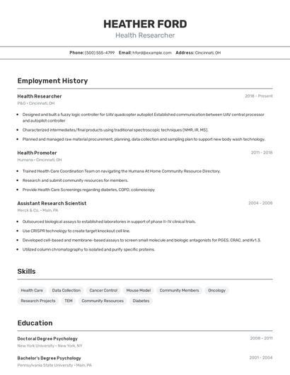 Health Researcher Resume