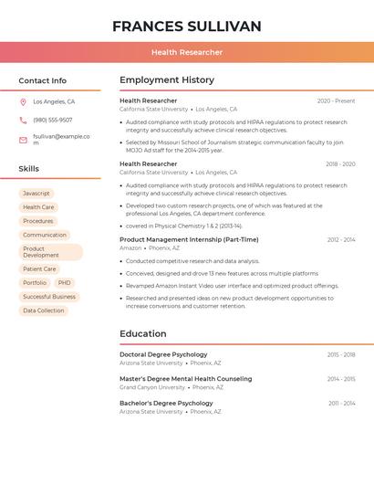 Health Researcher Resume