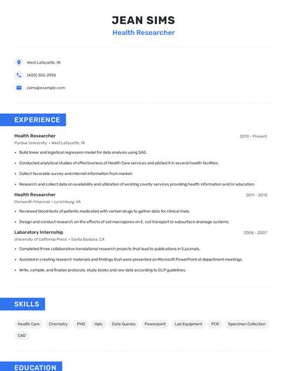 Health Researcher Resume