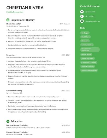 Health Researcher Resume