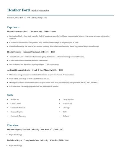Health Researcher Resume