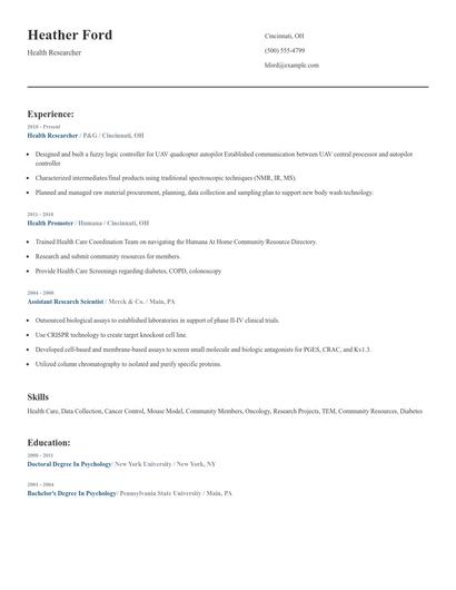 Health Researcher Resume