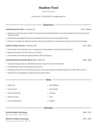 Health Researcher Resume