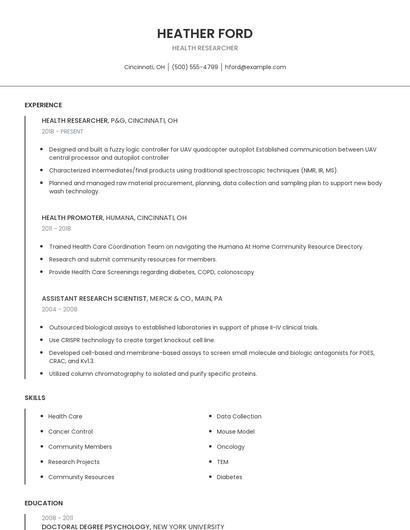Health Researcher Resume
