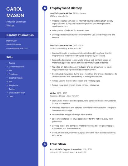 Health Science Writer Resume