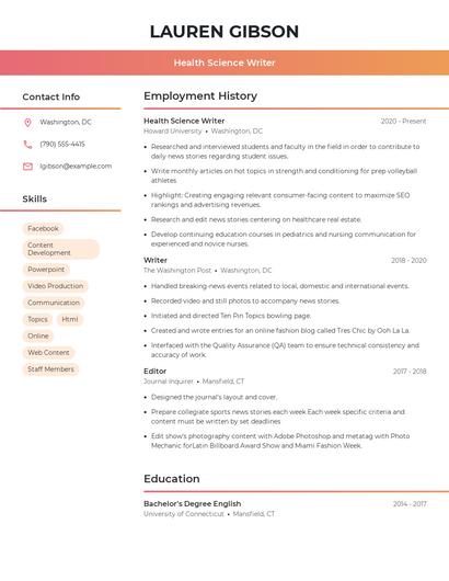 Health Science Writer Resume