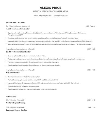 Health Services Administrator Resume