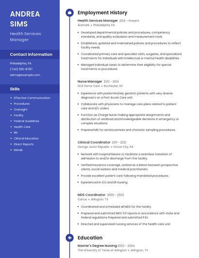 Health Services Manager Resume