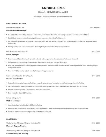 Health Services Manager Resume