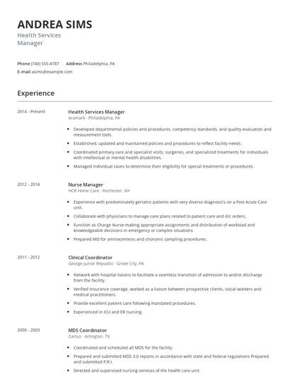 Health Services Manager Resume