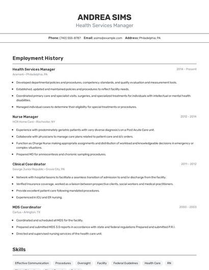 Health Services Manager Resume