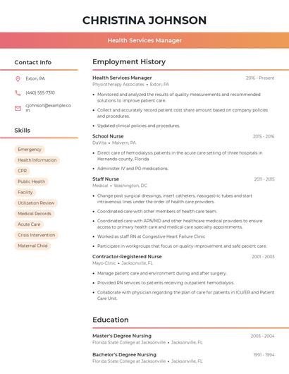 Health Services Manager Resume