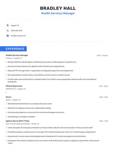 Health Services Manager Resume
