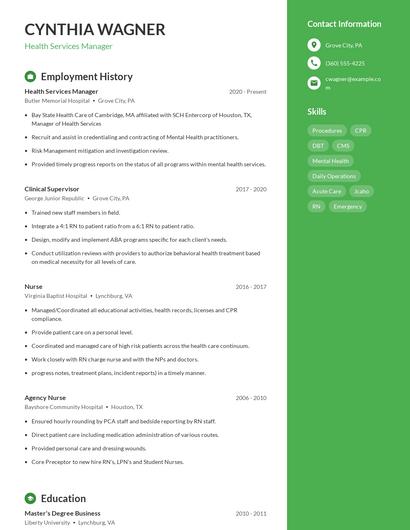 Health Services Manager Resume