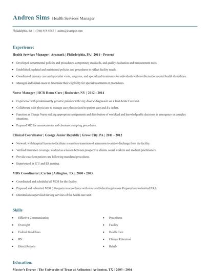 Health Services Manager Resume
