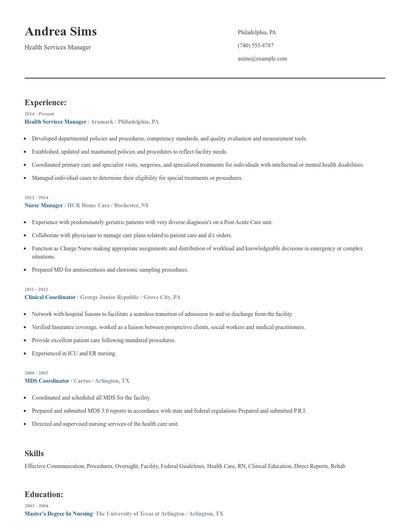 Health Services Manager Resume