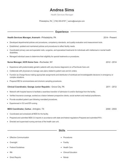 Health Services Manager Resume