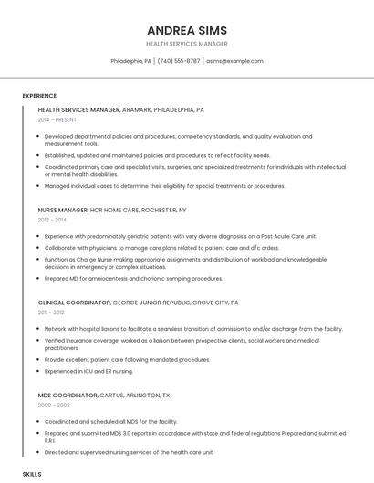 Health Services Manager Resume
