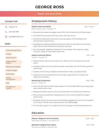 Health Technical Writer Resume