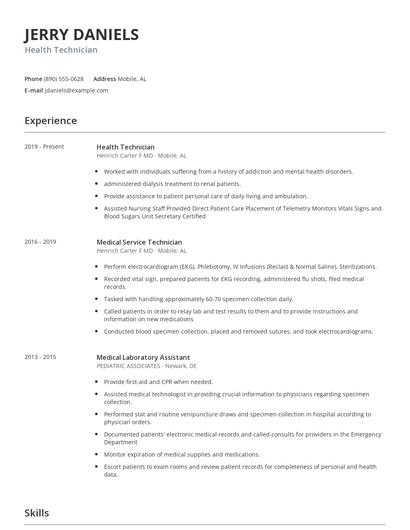 Health Technician Resume