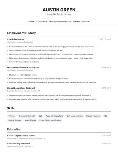Health Technician Resume