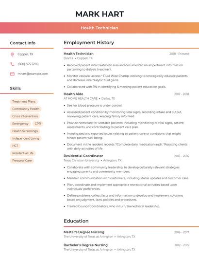 Health Technician Resume