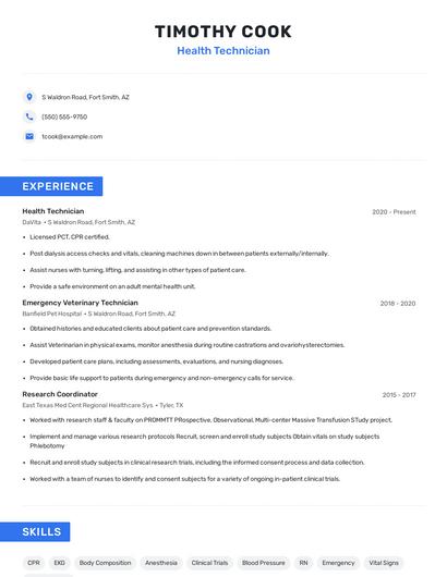 Health Technician Resume