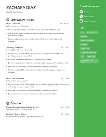 Health Technician Resume