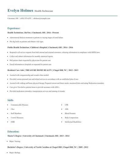 Health Technician Resume