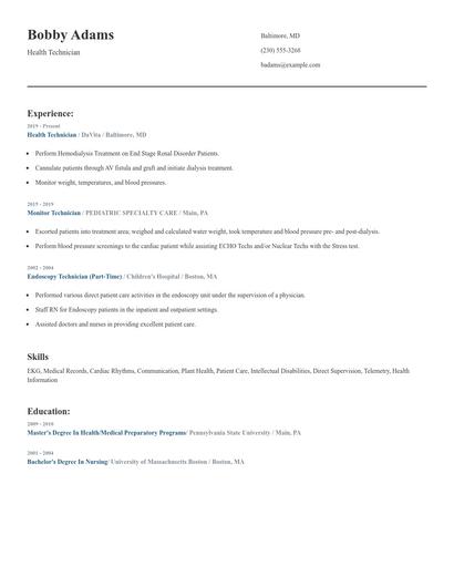 Health Technician Resume