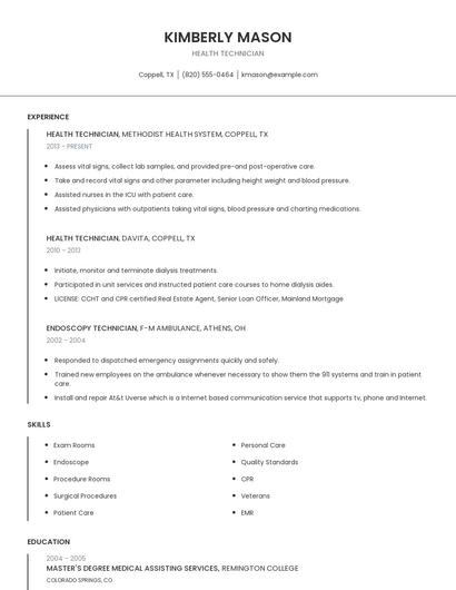Health Technician Resume