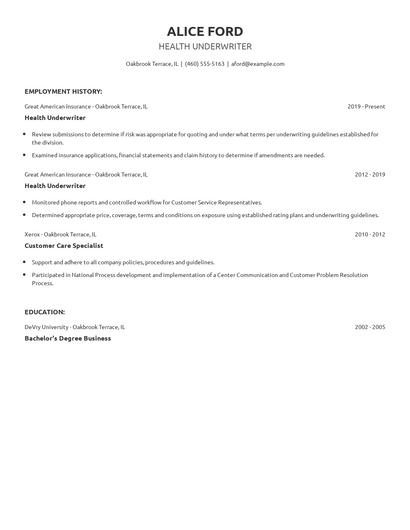 Health Underwriter Resume