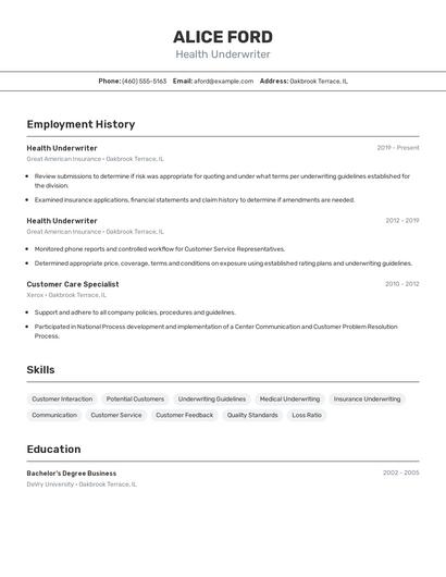 Health Underwriter Resume