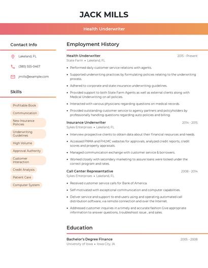 Health Underwriter Resume