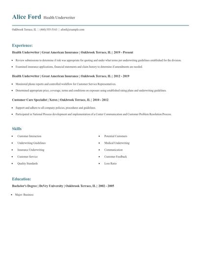 Health Underwriter Resume