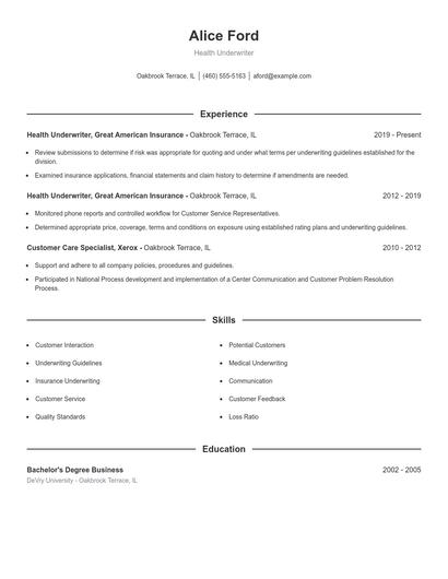 Health Underwriter Resume