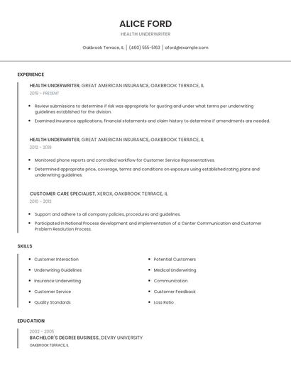 Health Underwriter Resume