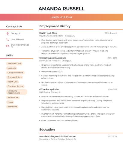 Health Unit Clerk Resume