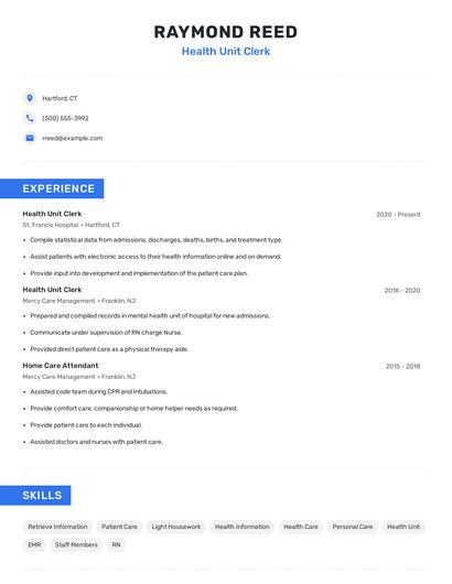 Health Unit Clerk Resume