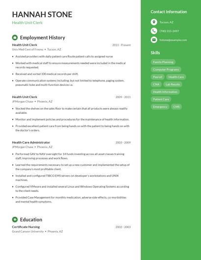 Health Unit Clerk Resume