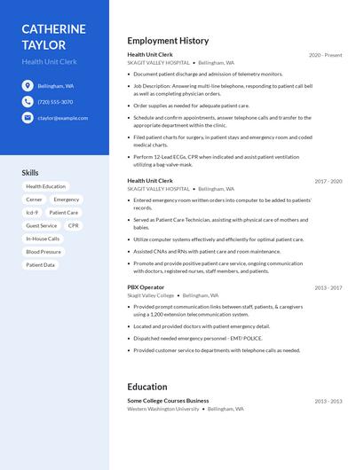 Health Unit Clerk Resume