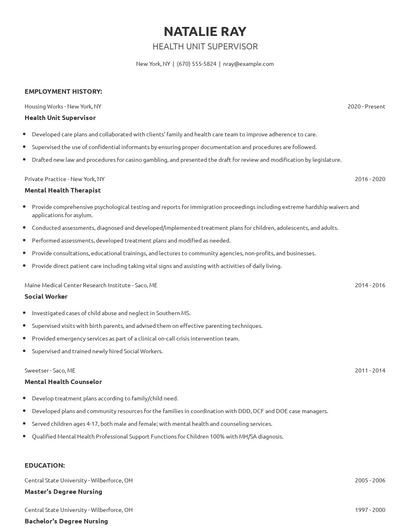 Health Unit Supervisor Resume