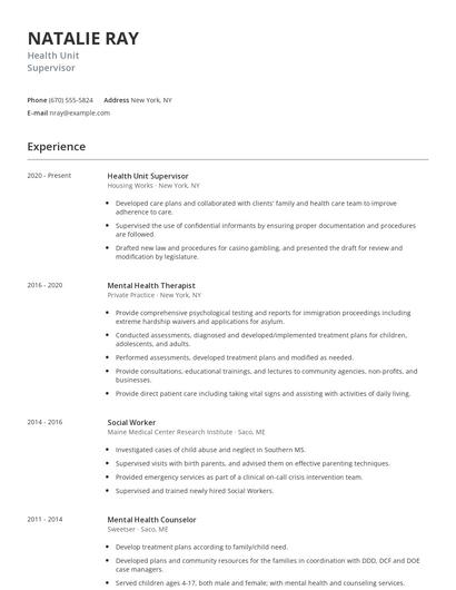 Health Unit Supervisor Resume