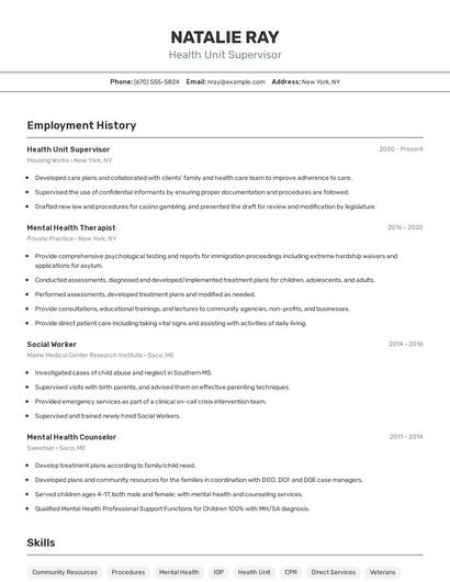 Health Unit Supervisor Resume