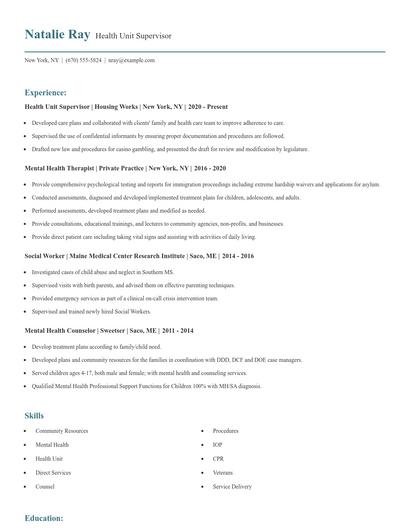 Health Unit Supervisor Resume