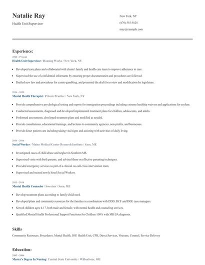 Health Unit Supervisor Resume