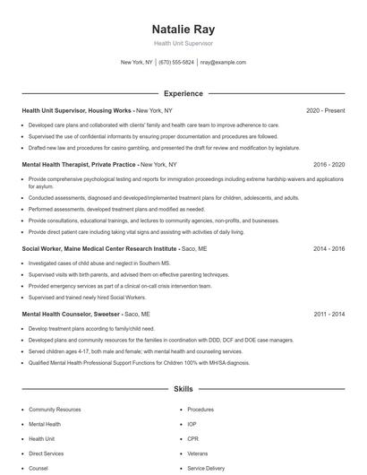 Health Unit Supervisor Resume